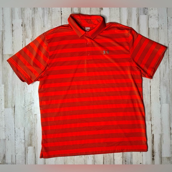 Under Armour Polo Shirt Mens 2XL Orange Performance Loose Heatgear Stripe - Picture 1 of 9